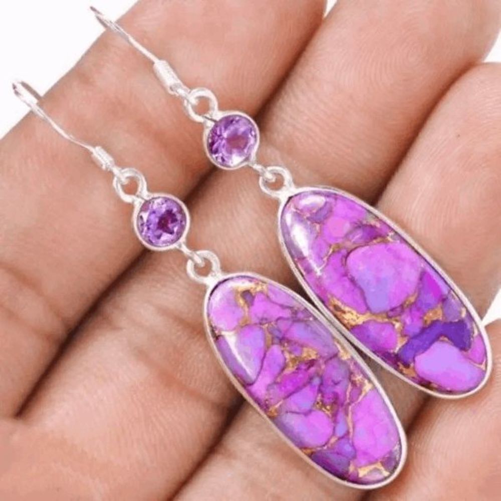 Oval Shape Purple Turquoise Diamond Dangle Earrings - Picture 2 of 6